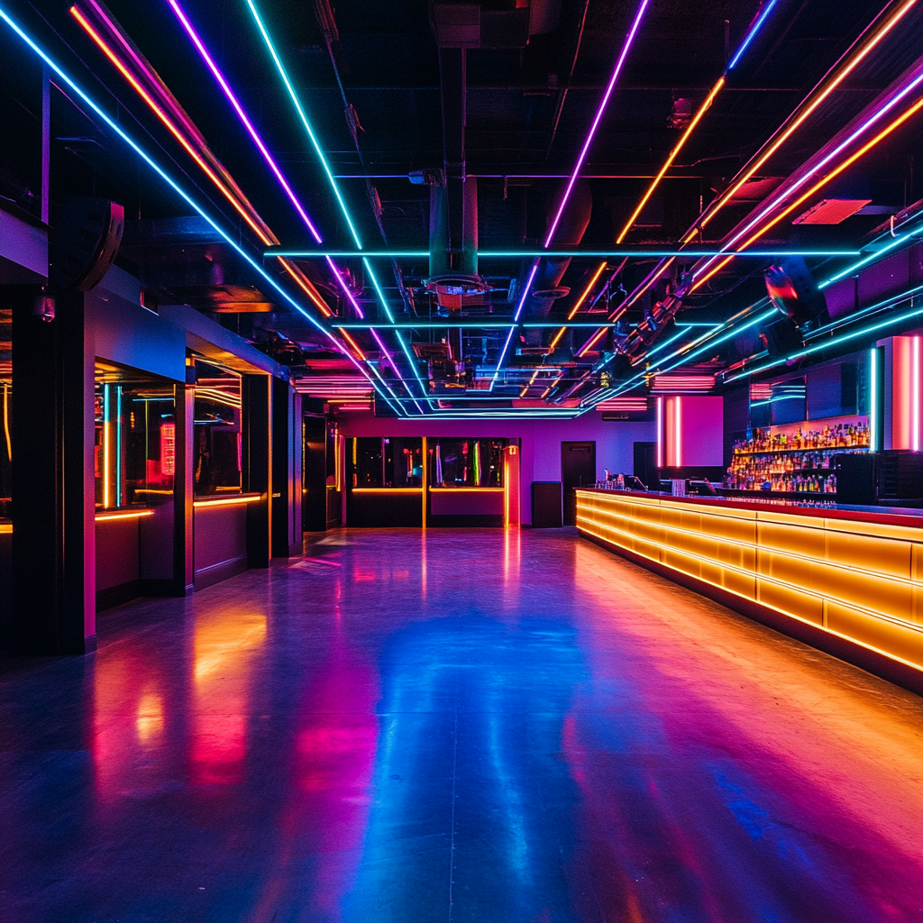Spacious interior of Anthem Orlando an event venue showcasing vibrant neon tube lighting in pink blue and yellow across the ceiling and bar reflecting on the polished floor