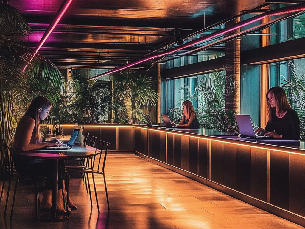 People working on laptops in a modern Orlando co working space featuring warm ambient lighting comfortable seating and lush green plants ideal for productivity and connection