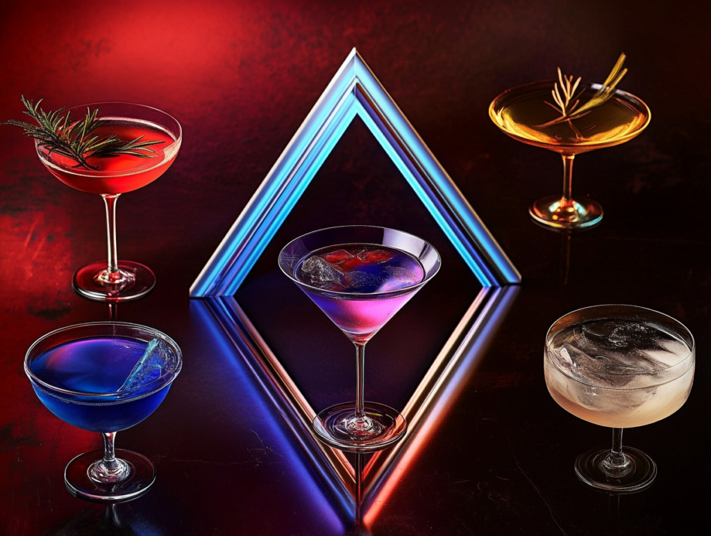 Assortment of five vibrant craft cocktails from an Orlando bar artfully arranged around a glowing blue and pink neon triangle showcasing unique garnishes and colors