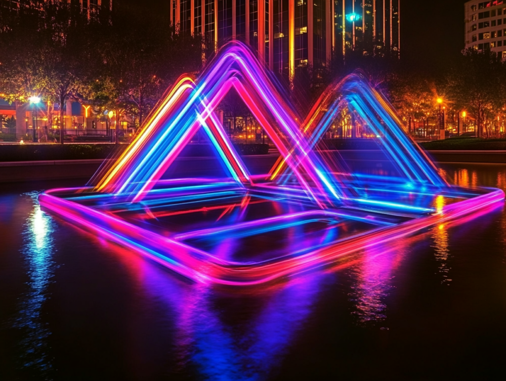 Vibrant neon triangle light sculpture reflecting in a water feature at night in Downtown Orlando with city buildings and trees in the background