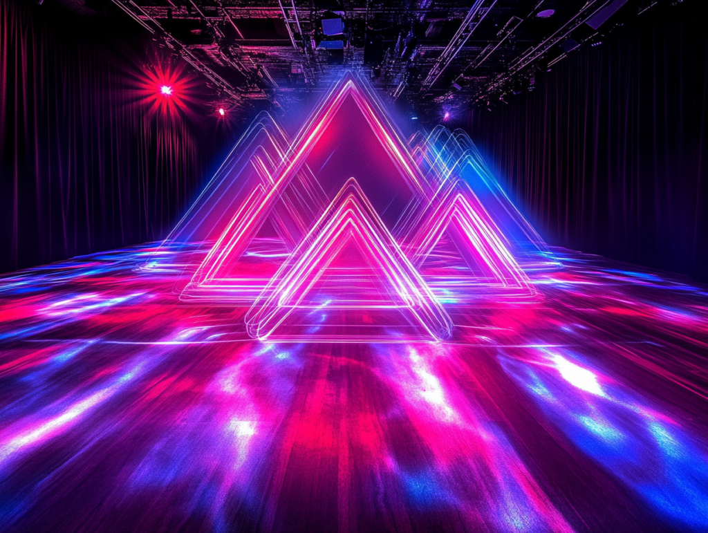 Empty dancefloor at an Orlando event venue dramatically lit with layered neon pink and blue triangles reflecting on the glossy surface leading to a curtained stage