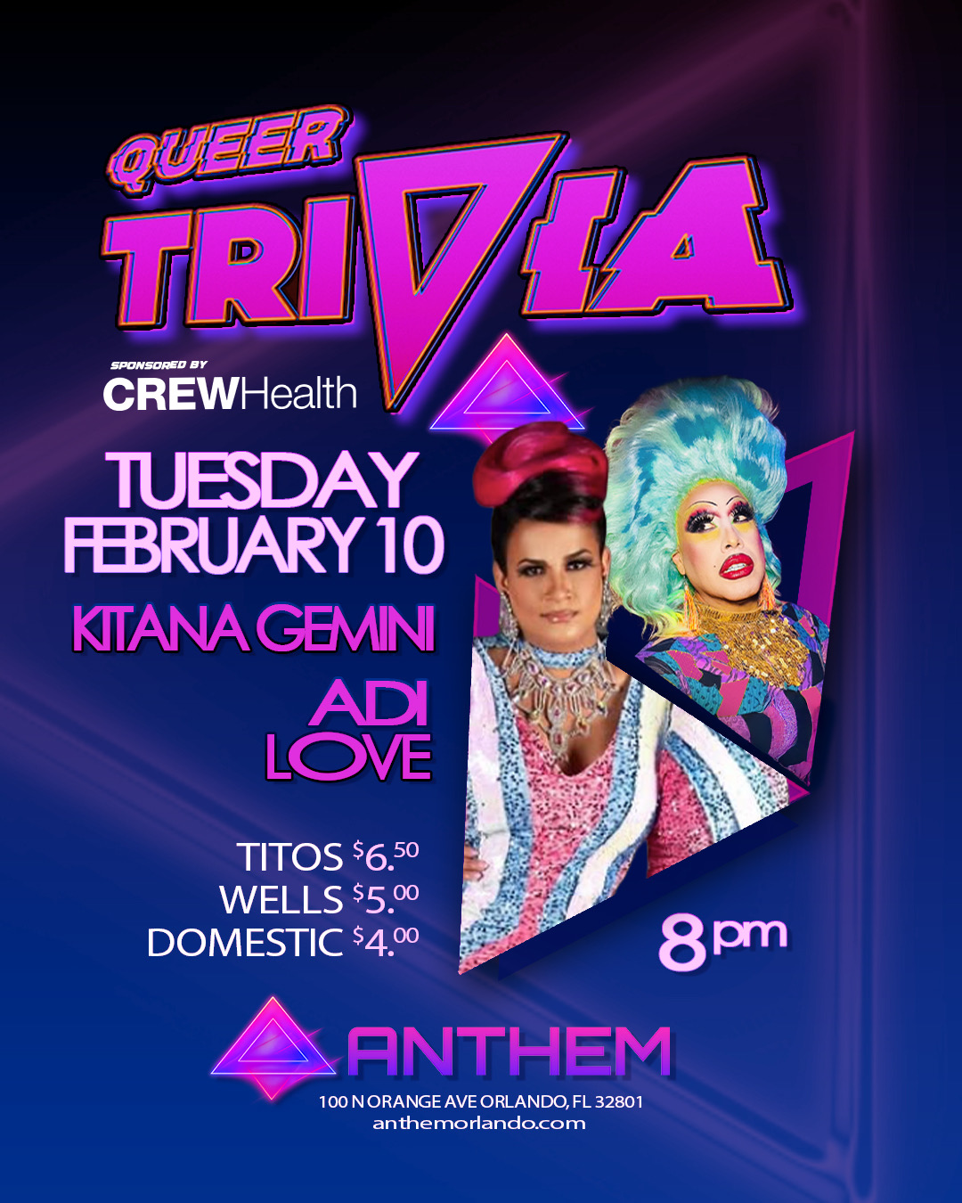 Queer Trivia Night at Anthem Orlando with hosts Kitana Gemini and Adi Love, February 10 at 8 PM