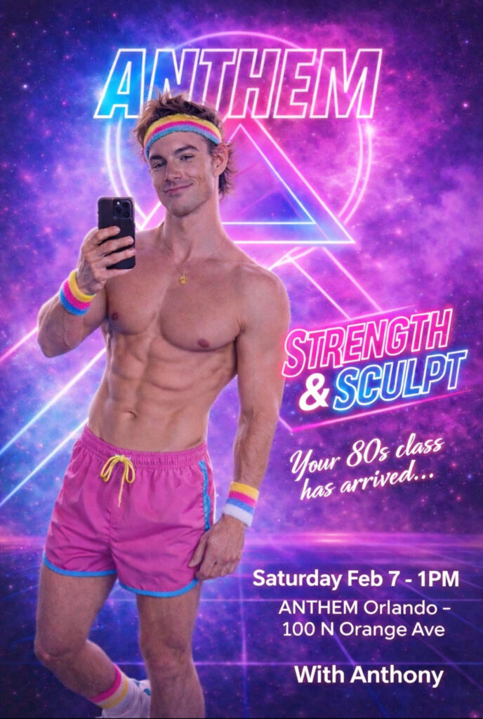 Club remixed 80s fitness class at Anthem Orlando with retro neon workout theme