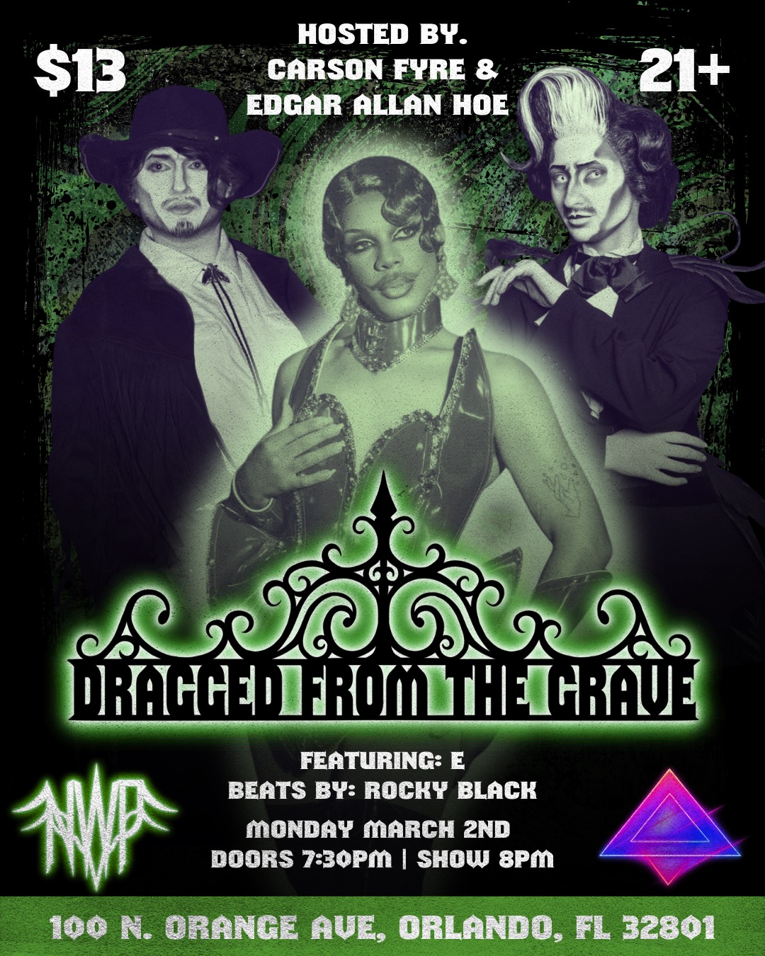 Dragged From the Grave drag show at Anthem Orlando featuring gothic drag performers hosted by Carson Fyre and Edgar Allan Hoe
