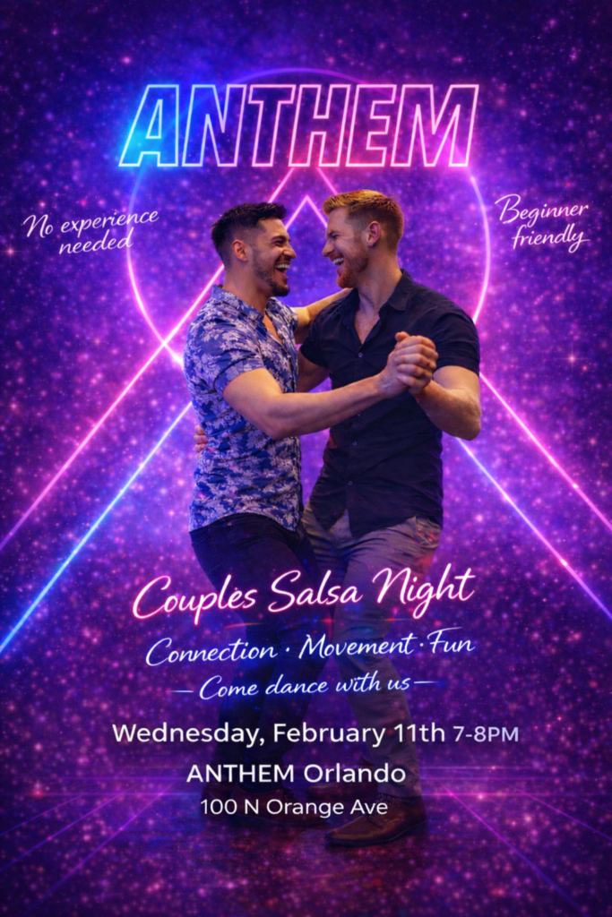Couples salsa dance class at Anthem Orlando featuring beginner friendly partner dancing