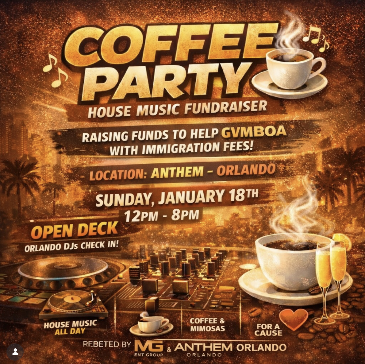 Join us at Anthem Orlando for a daytime Coffee Party that blends smooth house music, good energy, and a meaningful cause. From noon to evening, we’re serving up a relaxed yet uplifting vibe with house music all day, coffee and mimosas flowing, and an open deck welcoming local Orlando DJs.