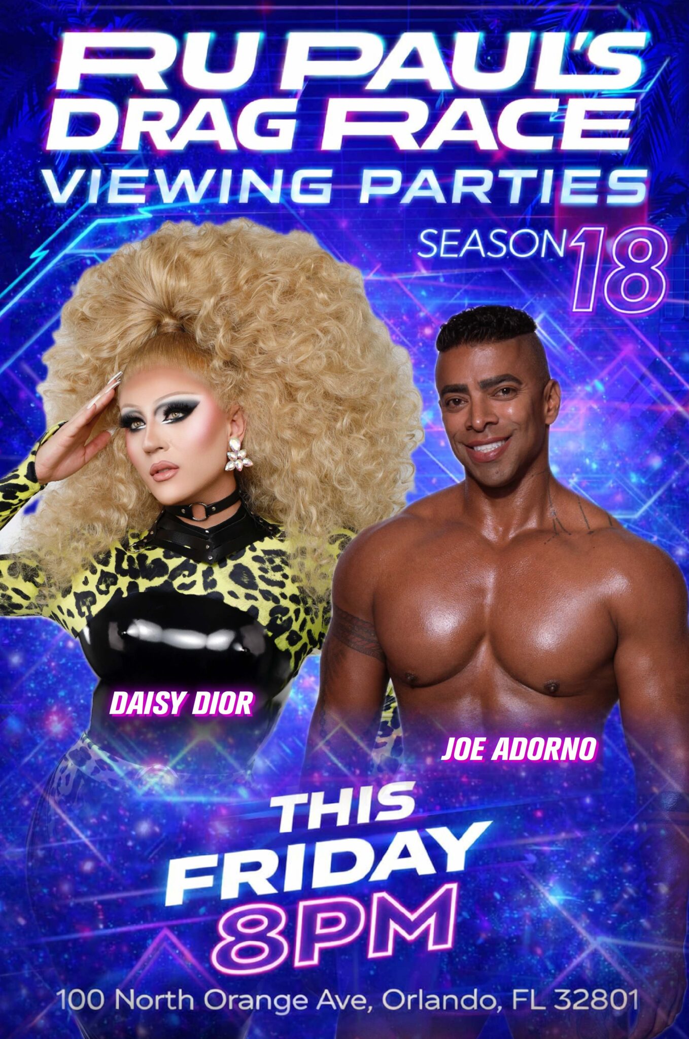 RuPaul's Drag Race Season 18 Viewing Party flyer featuring Joe Adorno and Daisy Dior at Anthem Orlando