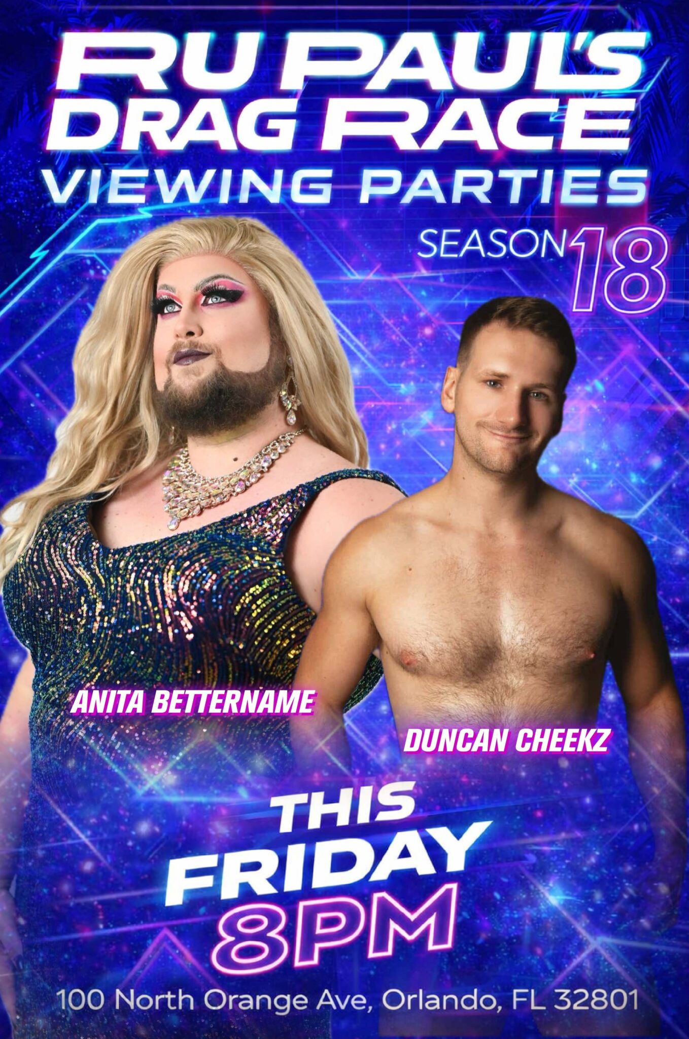 RuPaul's Drag Race Season 18 Viewing Party flyer featuring Anita Bettername and Duncan Cheekz at Anthem Orlando