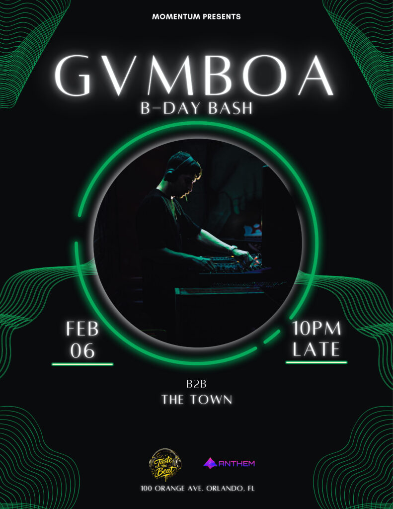 GVMBOA B Day Bash DJ performing at Anthem Orlando green neon circular design electronic music birthday party in Downtown Orlando