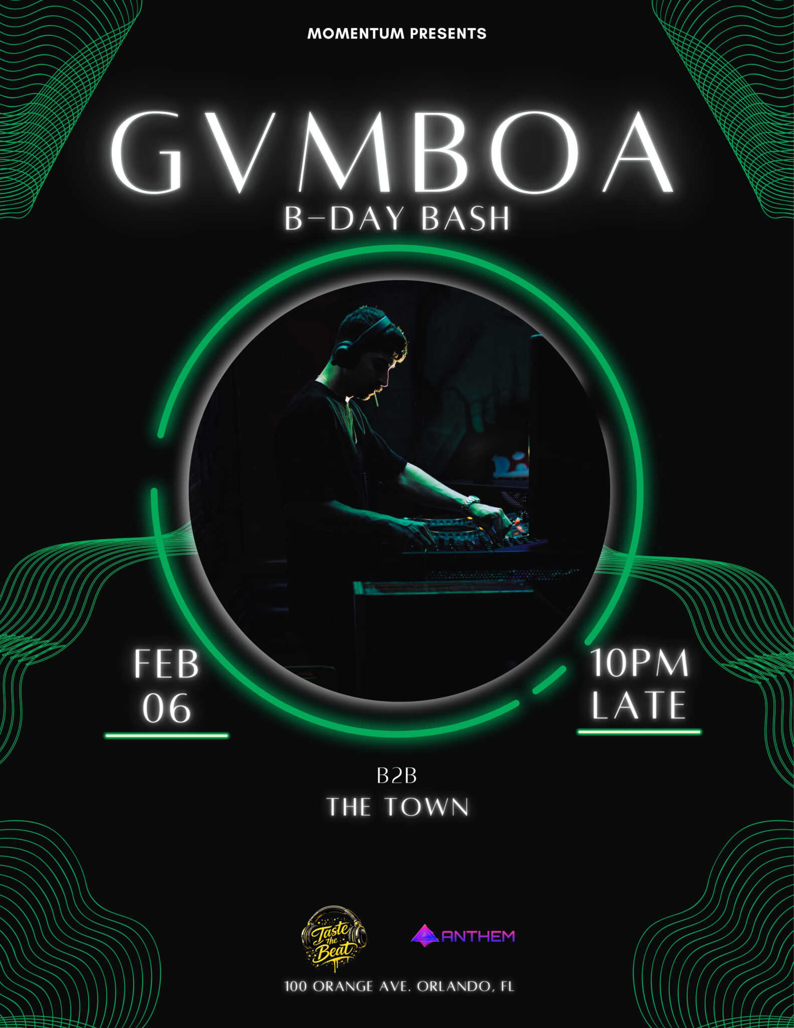 GVMBOA B-Day Bash DJ performing at Anthem Orlando, green neon circular design, electronic music birthday party in Downtown Orlando