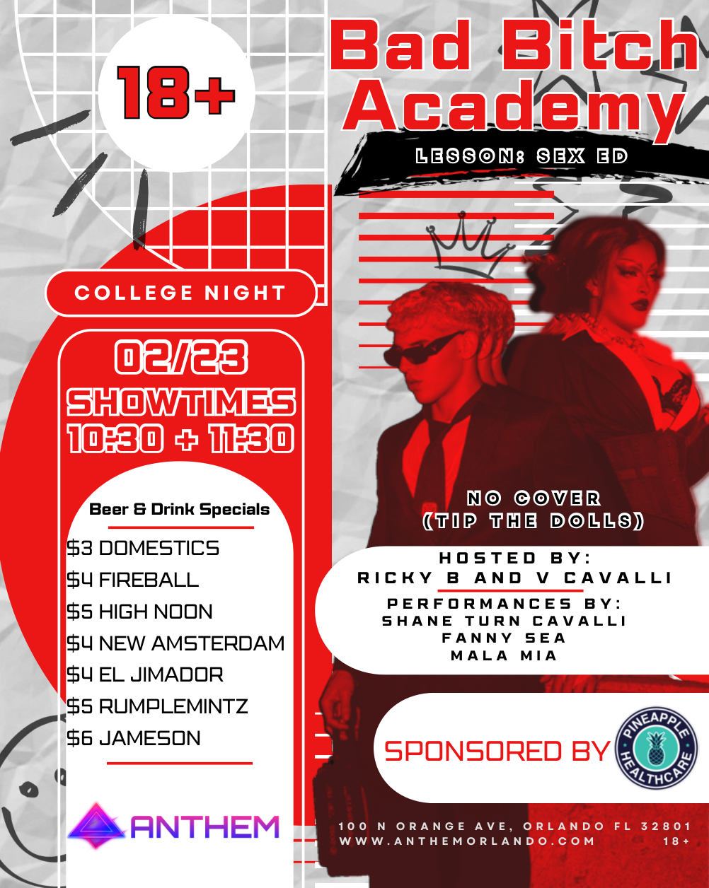 Bad Bitch Academy College Night at Anthem Orlando, Feb 23, showtimes 10:30 and 11:30, no cover, 18+.