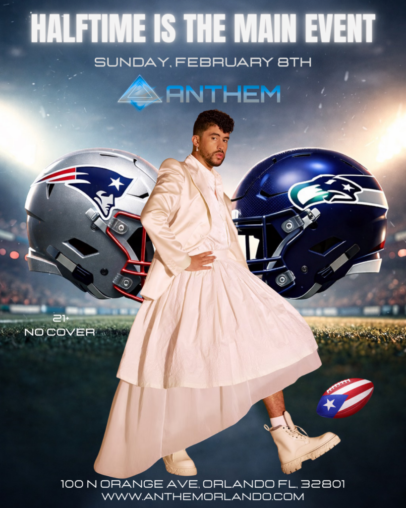 Super Bowl halftime party at Anthem Orlando LGBTQ+ themed Super Bowl event with football helmets and fashion forward model