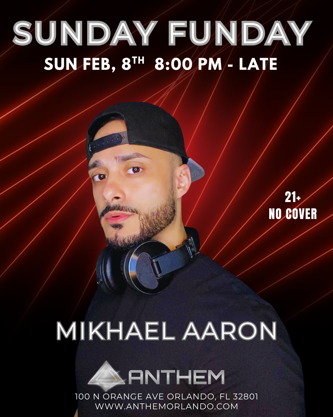 Sunday Funday DJ Mikhael Aaron at Anthem Orlando, DJ wearing headphones, Downtown Orlando LGBTQ+ nightlife event
