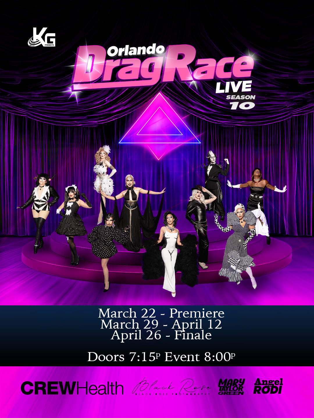 Orlando Drag Race Live Season 10 Premiere flyer featuring cast of drag performers on stage at Anthem Orlando