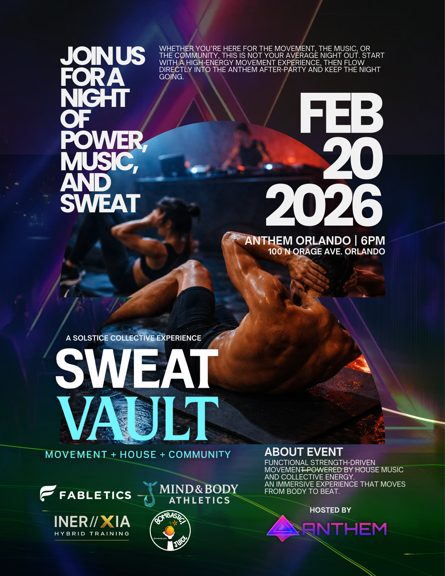 Sweat Vault movement experience at Anthem Orlando featuring high-energy functional training, Afro House music, neon lighting, and a live DJ during Carnival Weekend on February 20, 2026.