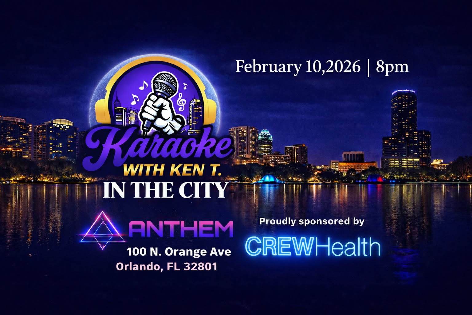 Karaoke night at Anthem Orlando featuring Karaoke with Ken T In The City, Downtown Orlando skyline background, microphone logo, LGBTQ+ nightlife event