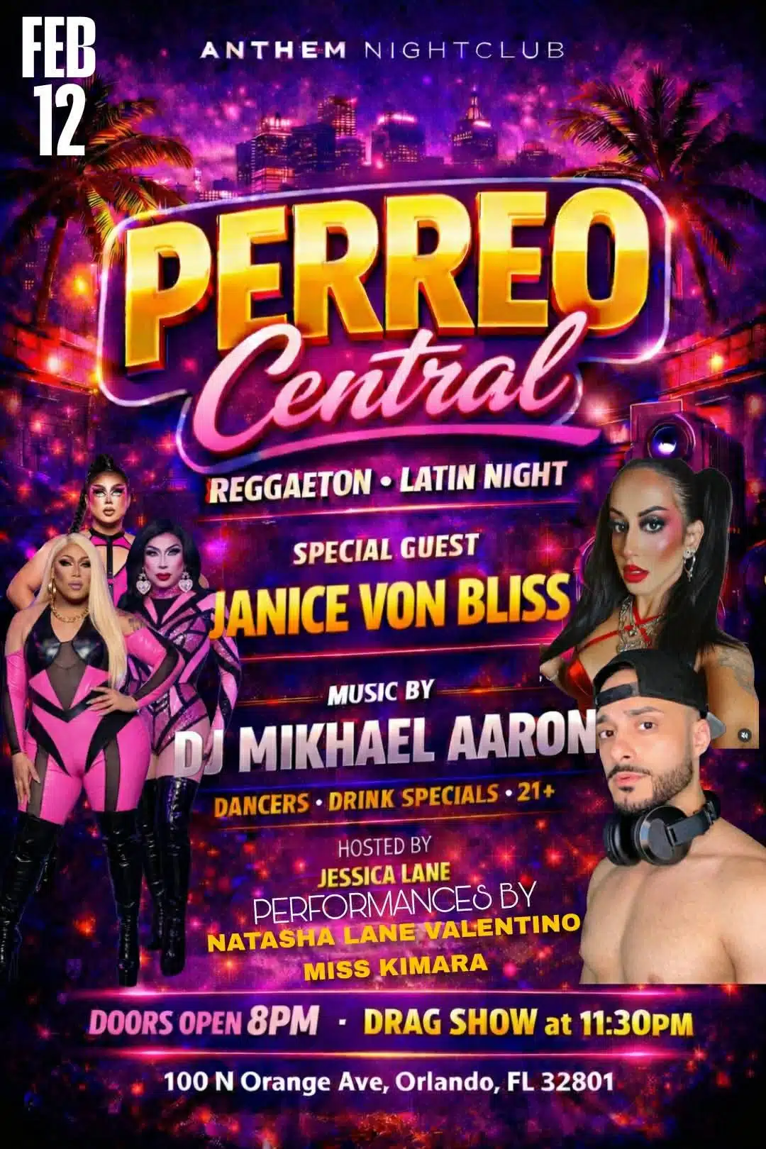 Perreo Central reggaeton and Latin night at Anthem Orlando featuring drag performances by Janice Von Bliss and DJ Mikhael Aaron in Downtown Orlando