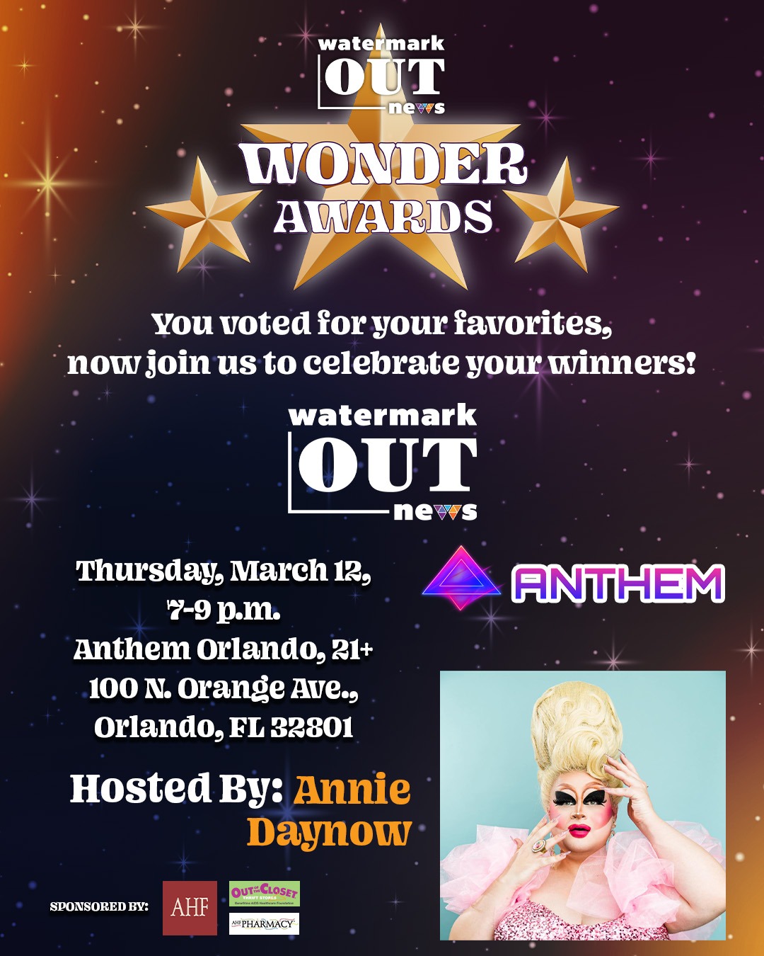 Watermark OUTnews Wonder Awards hosted by Annie Daynow at Anthem Orlando on March 12 2026 – 21+ event sponsored by AHF, Out of the Closet, and AHF Pharmacy